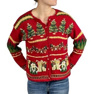 TIARA Y2K 2001 COTTON HOLIDAY CHRISTMAS TREE HAND KNIT CROCHET CARDIGAN SWEATER